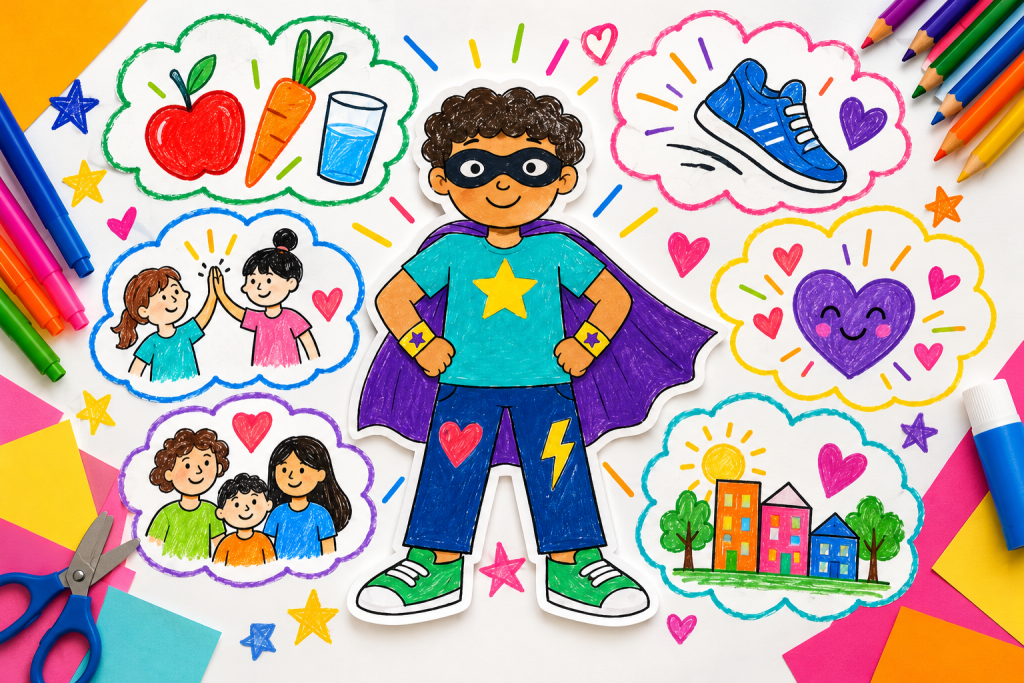 A colourful, hand-drawn illustration of a smiling child dressed as a superhero, surrounded by pictures representing healthy eating, exercise, friendship, emotional wellbeing, family and community.