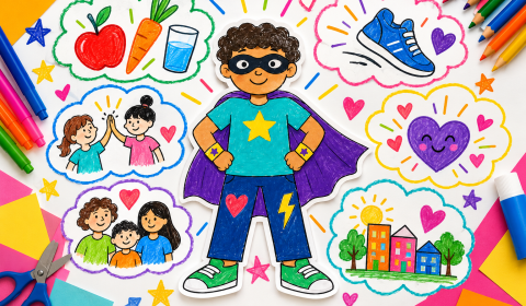 A colourful, hand-drawn illustration of a smiling child dressed as a superhero, surrounded by pictures representing healthy eating, exercise, friendship, emotional wellbeing, family and community.