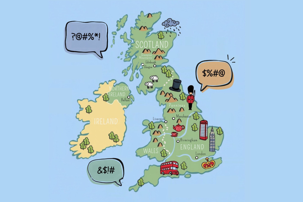 Illustrated map of the UK and Ireland with landmark icons and speech bubbles filled with swearing symbols (?@#%*!, $%#@, and &$!#) placed around different regions.