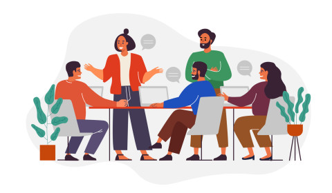 Illustration of an office environment with two people standing and three poeple sitting down.