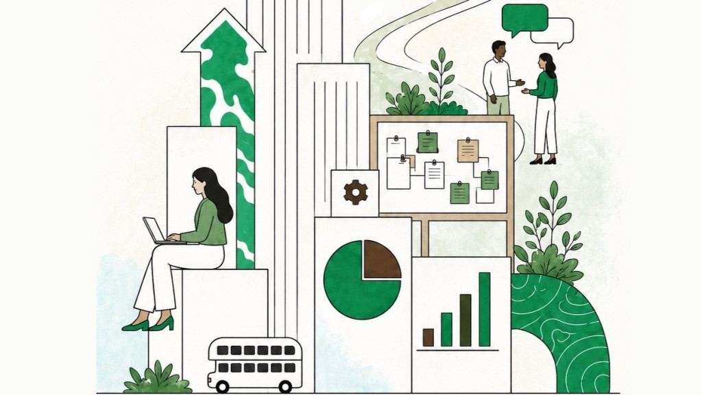 Graphic illustration in green, black, and white featuring people working, data charts, a flowchart board, plants, and a double-decker bus.