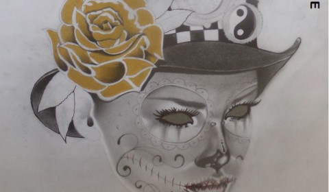 Sketch artwork of a feminine face decorated with patterns and wearing a top-hat style headwear adorned with a rose, ying-yang symbol and a police badge