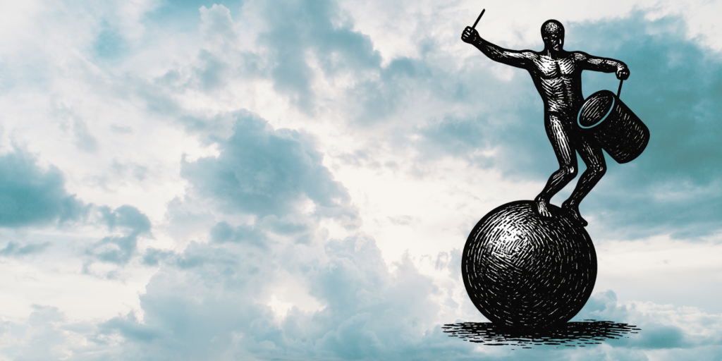 A drawn image of the Truro Drummer statue, a man stands on a large ball banging a drum, against a background of a cloudy sky.