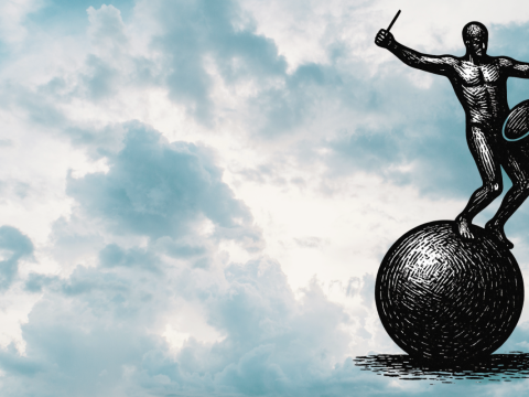 A drawn image of the Truro Drummer statue, a man stands on a large ball banging a drum, against a background of a cloudy sky.