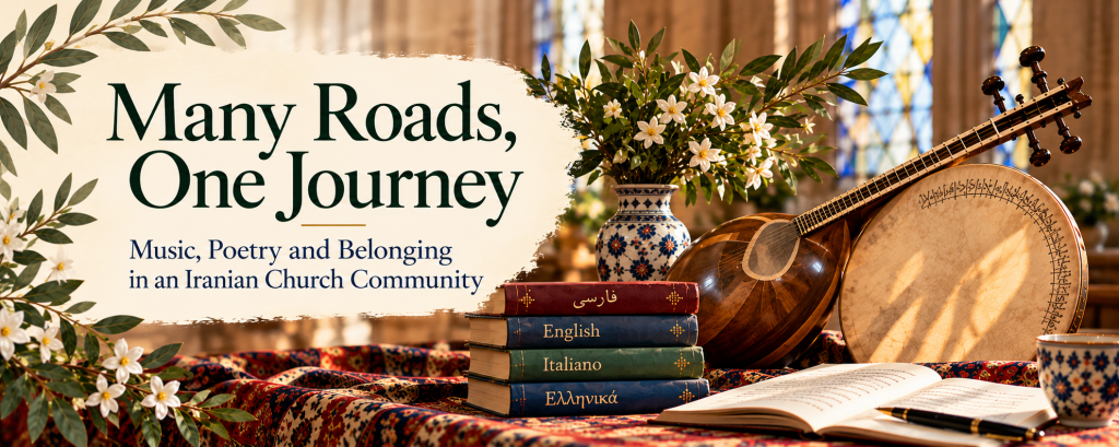 Jasmine on the left. To the right, the inside of a church, with more jasmine in a vase, 4 books with Farsi, English, Italian, and Greek written in their native alphabets. An Iranian string and percussion instrument sit next to an open book.
