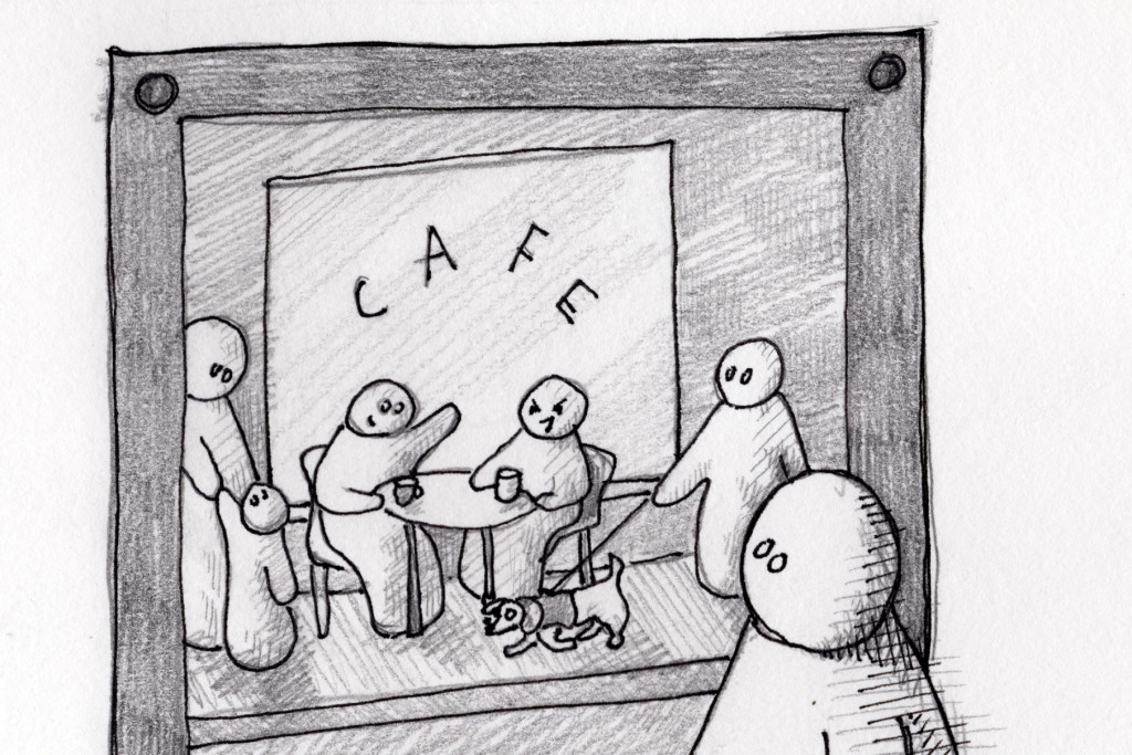 Pencil sketch of simplified, featureless figures interacting outside and inside a café with a dog, framed as if viewed through a window or doorway by another figure standing in the foreground.