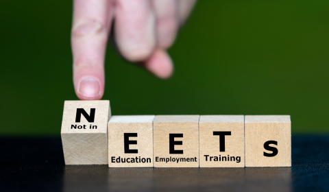Someone moving the N spelling NEETs. Underneath the words are Not In Education Employment Training