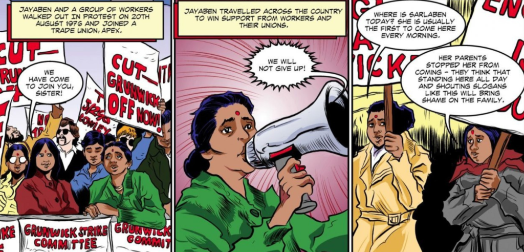 A close-up comic book panel depicting a group of people protesting with signs. One person in the center speaks into a megaphone with a determined expression, and text boxes above and beside the panels provide context and dialogue.