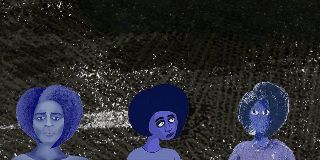 Image with black background numerous animated pictures of woman along the bottom and a pair of eyes at the top