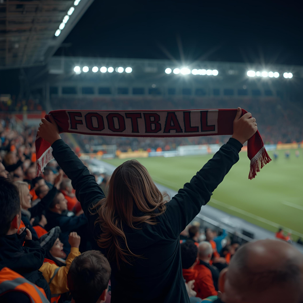 photograph of a female football fan sat in a stadium waving a scarf.