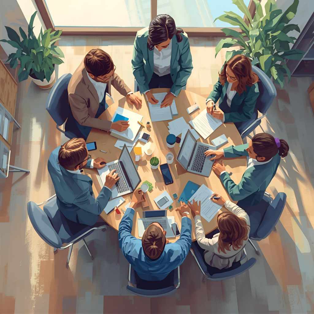 An illustration of a group of professionals sat at a round table working on laptops.