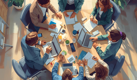 An illustration of a group of professionals sat at a round table working on laptops.