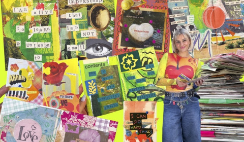 a collage of images of magazines overlayed with text and a photograph of woman in jean shorts