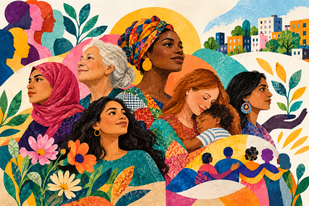 A colourful collage-style illustration depicting women of different ages and cultural backgrounds, including a mother holding her child. Flowers, leaves and interconnected figures symbolise community, care, resilience and solidarity.