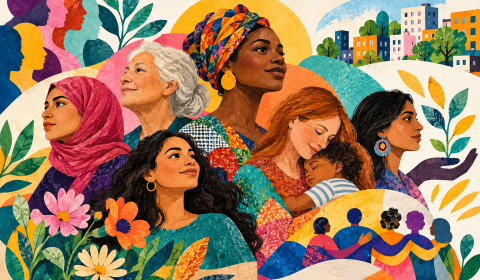 A colourful collage-style illustration depicting women of different ages and cultural backgrounds, including a mother holding her child. Flowers, leaves and interconnected figures symbolise community, care, resilience and solidarity.