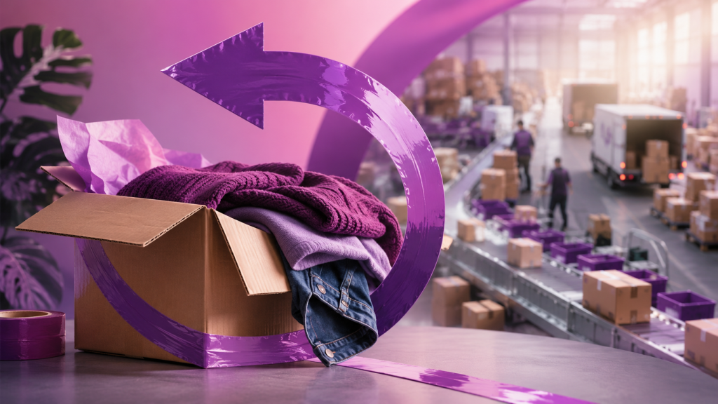 Cardboard box of clothing with a purple circular arrow, set against a blurred warehouse and delivery background.