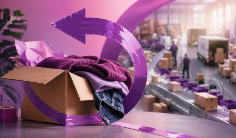 Cardboard box of clothing with a purple circular arrow, set against a blurred warehouse and delivery background.