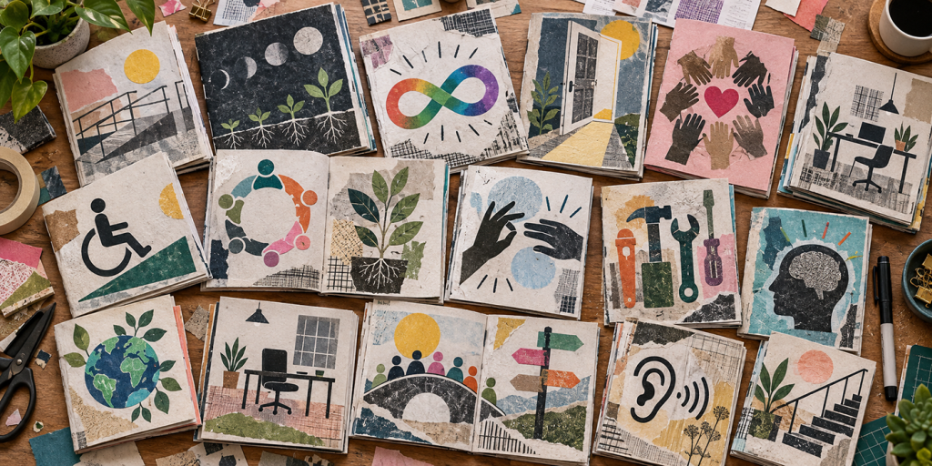 A tabletop covered with many handmade zines arranged side by side. Each zine uses collage-style artwork and symbols linked to inclusion and accessible work. The pages use muted colours with torn-paper textures.