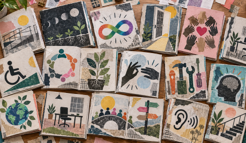 A tabletop covered with many handmade zines arranged side by side. Each zine uses collage-style artwork and symbols linked to inclusion and accessible work. The pages use muted colours with torn-paper textures.