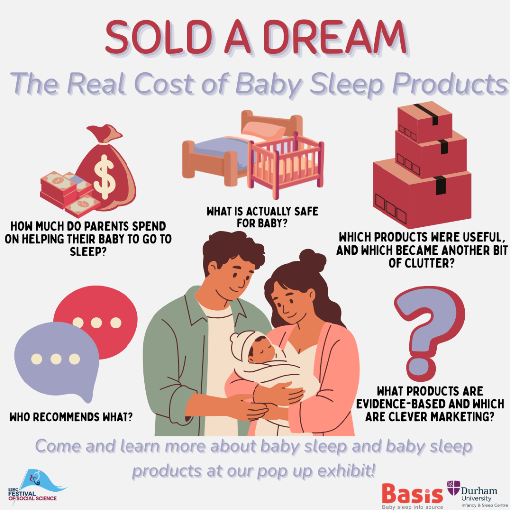 Couple holding a baby surrounded by baby sleep products on the market