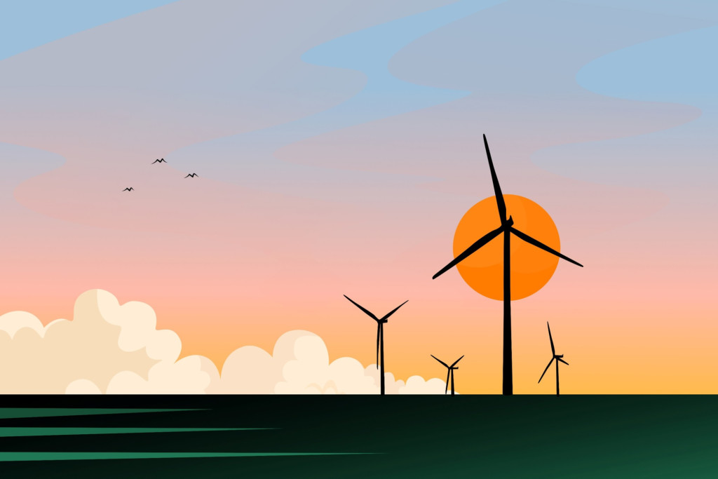 Graphically designed stock image of a windfarm with sun and clouds on the horizon