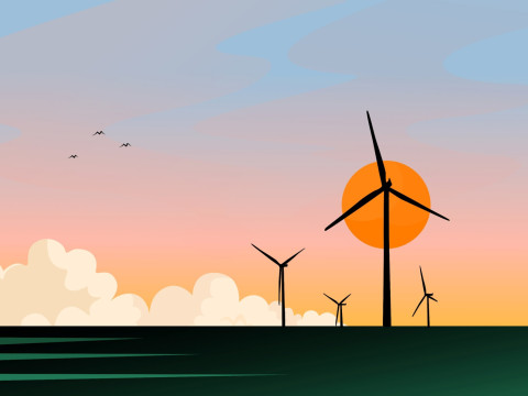 Graphically designed stock image of a windfarm with sun and clouds on the horizon