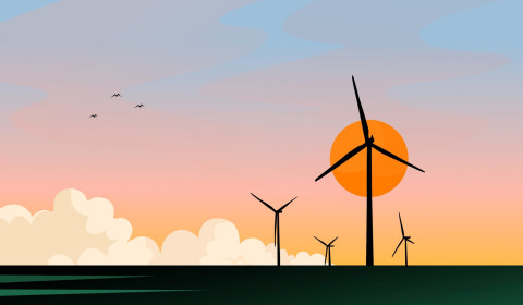 Graphically designed stock image of a windfarm with sun and clouds on the horizon