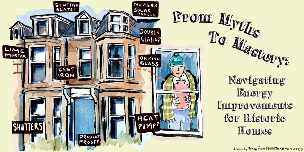A drawing of a house, with signs around it saying Lime mortar, Cast iron, Shutters, Draught roof?, Heat pump?, Original glass, Double glazing?, No visible solar panels. Drawn by Jenny from 'More than Minutes'.