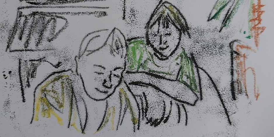 A monoprint of a grandmother and granddaughter looking through photographs