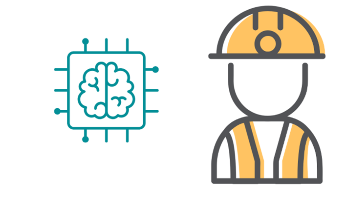 Festival of Social Science presents Workers through AI’s Eyes: Exploring AI Images, Image: computer chip with a brain in the middle next to a cartoon construction worker.