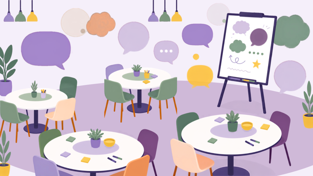 This is a bright, colourful illustrated banner showing a variety of people engaged in learning, research, creativity, and work activities across several connected scenes.