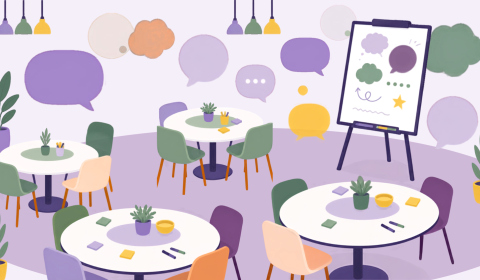 This is a bright, colourful illustrated banner showing a variety of people engaged in learning, research, creativity, and work activities across several connected scenes.