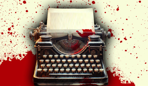 Vintage typewriter with a page reading “Writing Wrongs” against a red ink-splattered background, with Aston Institute for Forensic Linguistics podcast text below.