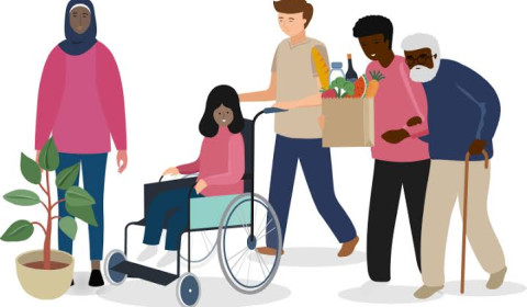 An image of 5 people of different ages and ethnicities, walking together. There is a young person pushing someone else in a wheelchair, showing visibly what it means to be a young carer.