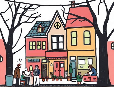 A row of community shops, with people gathering in front involved in conversation