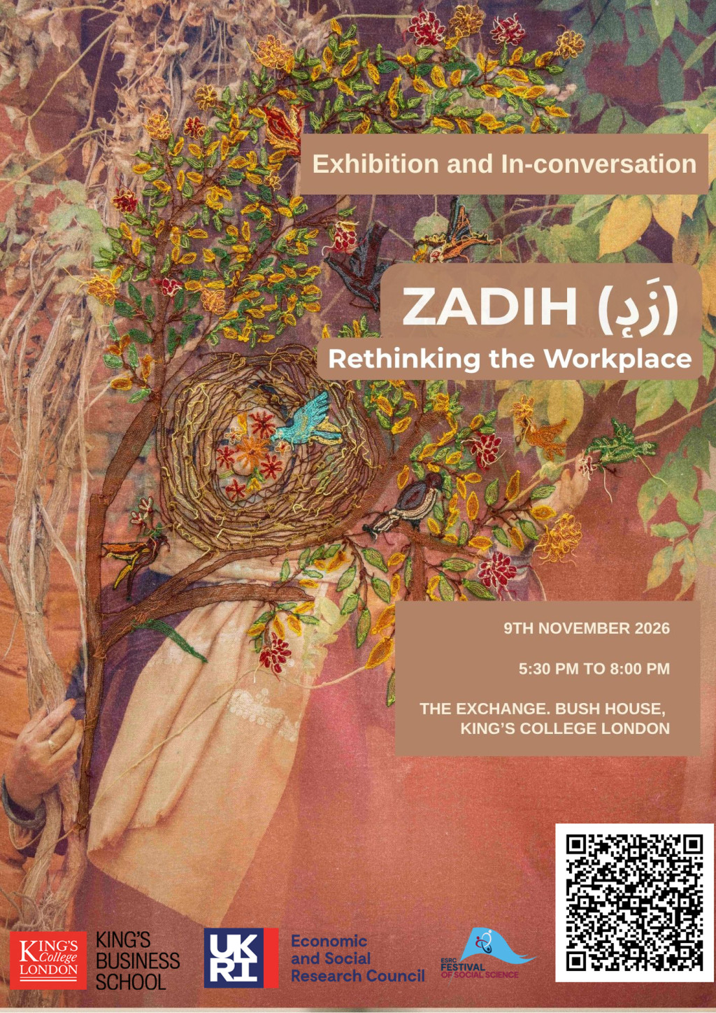 Event poster: an abstract collage of a tree with blue birds nesting against a terracotta background