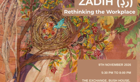 Event poster: an abstract collage of a tree with blue birds nesting against a terracotta background