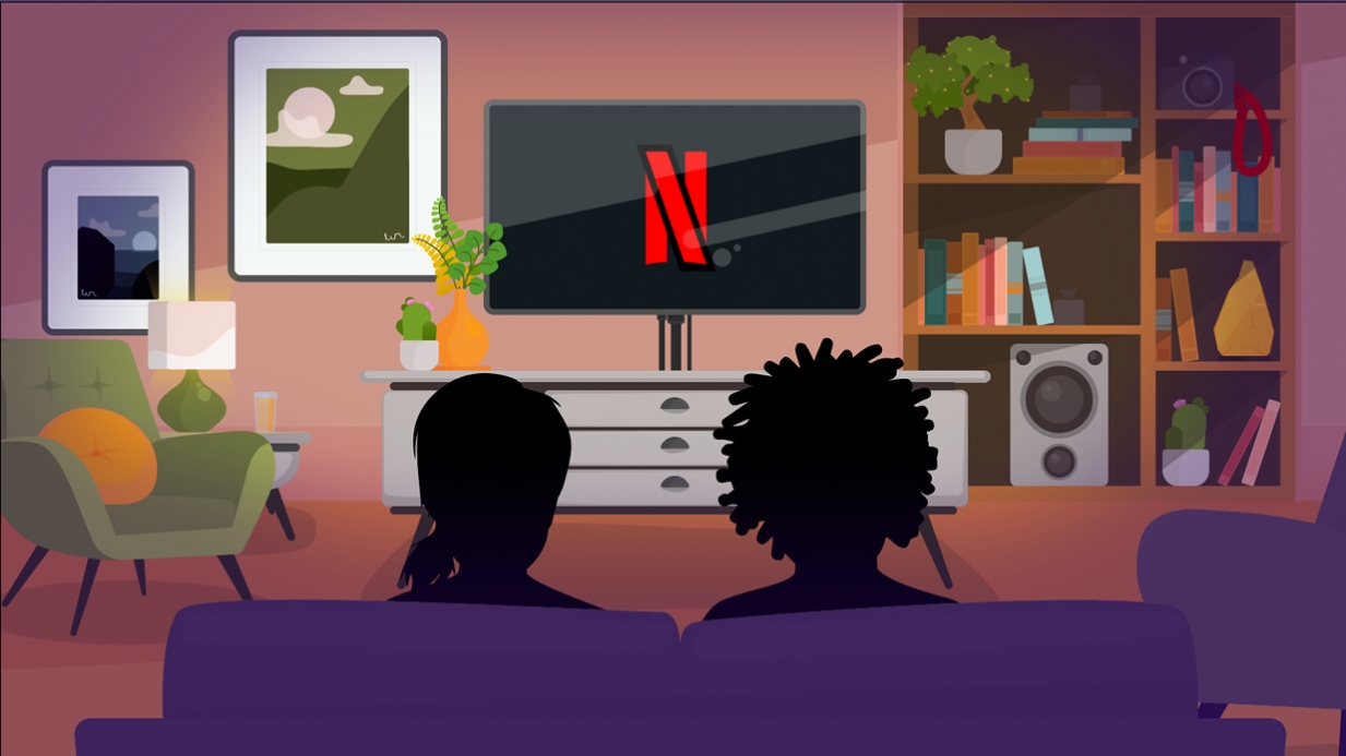 A animation still showing a the back of a couple's heads as they watch television.