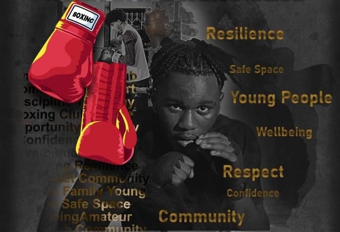 Boxing gloves onm top of a poster with a boxer surrounded by key words