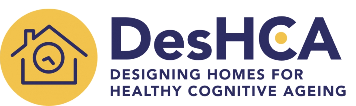 Purple and yellow Designing Homes for Healthy Cognitive Ageing (DesHCA) logo. Logo contains DesHCA text and an image of a house with a clock inside.