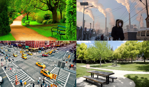 4 images in a grid showing twp parks, a person walking in front of a polluted cityscape and cars at an intersection