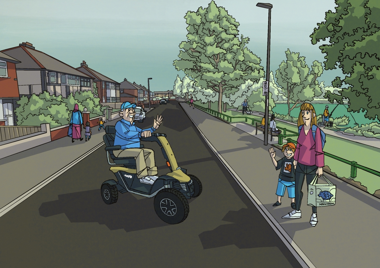 A comic style image of a man on a mobility scooter on the road waving at a boy with his mother that is waving back