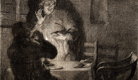 Two figures terrified by a ghost at their table. Etching.