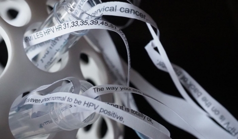 Paper sculpture of shredded patient leaflets flow from a testube holder