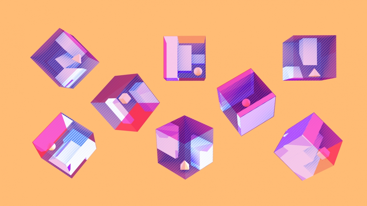 A series of floating, colourful cubes on an orange background