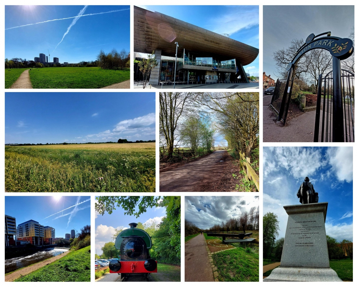 A photo montage of places outdoors in Salford that include a park gate, a statue, a train, a field, the sky.