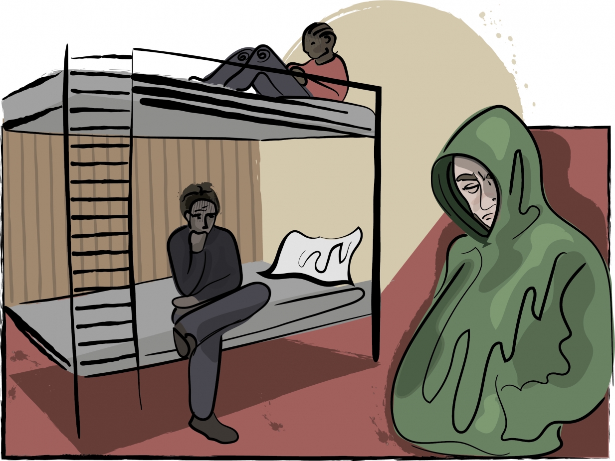Cartoon image of three people in a hostel the closest one is in a green hoodie and the other two are on a bunk bead one on top the other on the bottom
