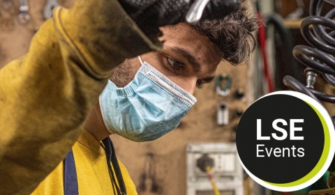 Person wearing face mask operating machinery with LSE events logo