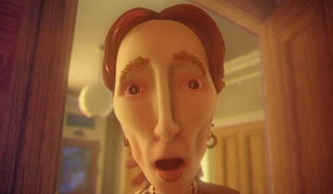 Animated women with her mouth opened standing in house