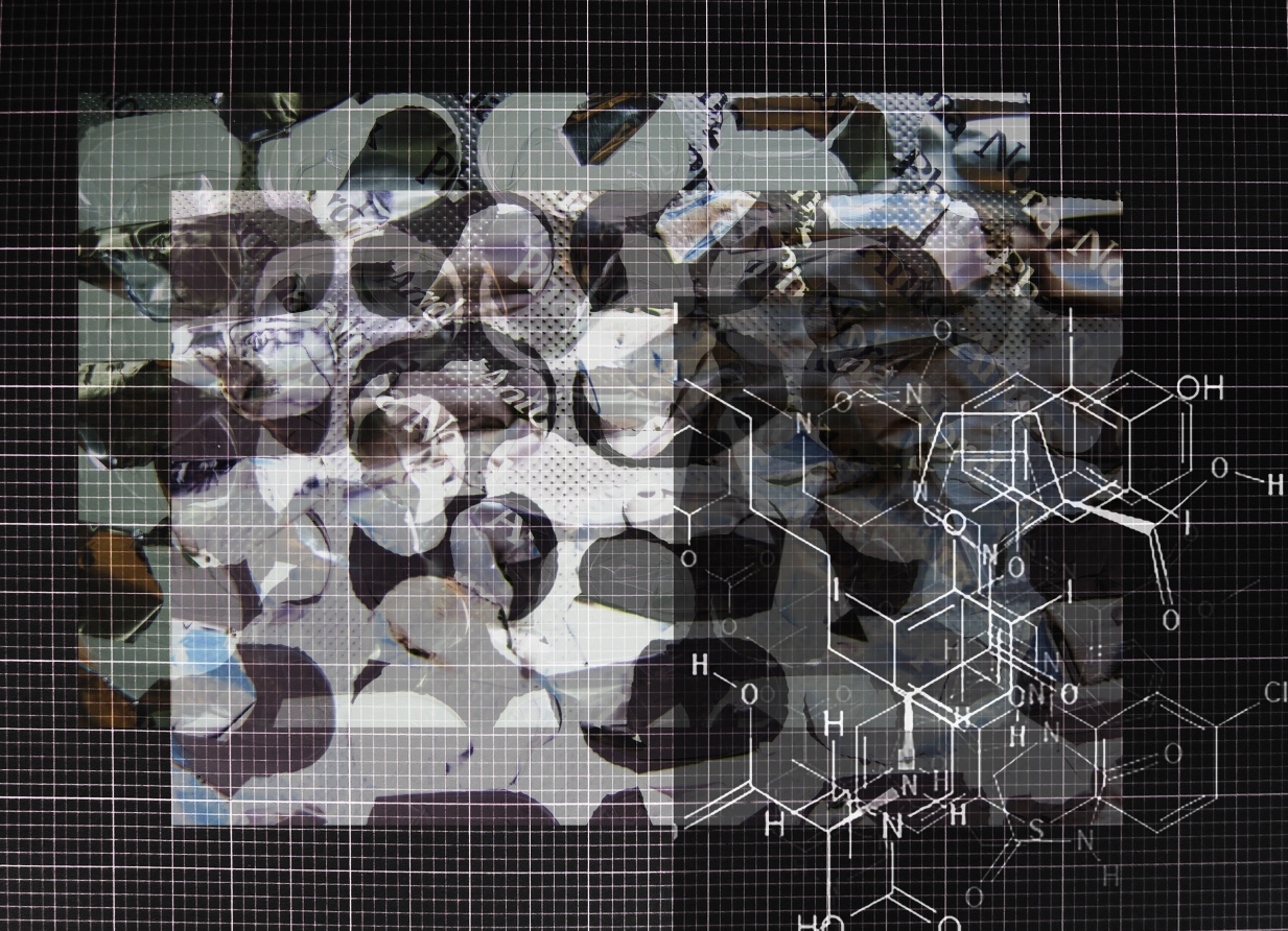 art installation image, distorted images on a grid with chemical structure diagram